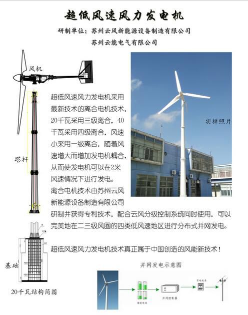 超低風速風力發(fā)電機超低風速風力發(fā)電機是指在2-5米/秒風速下可以進行實質性商業(yè)風能利用的風力發(fā)電機。風能商業(yè)投資用超低風速風力發(fā)電機要求啟動發(fā)電風速1.2-1.8米/秒，最小有效充電并網風速2.0-2.5米/秒的20KW及以上風力發(fā)電機