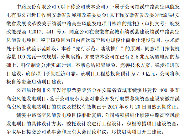 
            	OFweek風(fēng)電網(wǎng)訊 8月4日，中路股份有限公司下屬子公司績(jī)溪中路高空風(fēng)能發(fā)電有限公司發(fā)布公告稱(chēng)，公司收到安徽發(fā)改委核準(zhǔn)批復(fù)。這意味著我國(guó)首個(gè)高空風(fēng)電項(xiàng)目正式獲得核準(zhǔn)