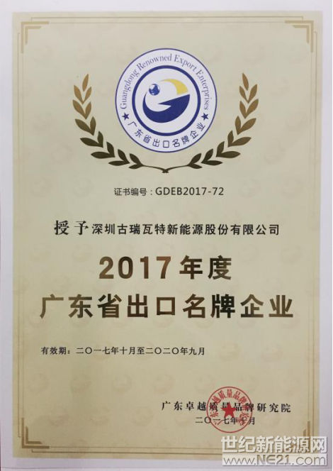 　日前，广东省卓越质量品牌研究院公布了2017年度广东省出口名牌企业名单，古瑞瓦特以匠心精神深耕光伏行业，用品质和创新不断获得消费者和市场的认可，凭借全球经营中获得的丰富实践，被评为&ldquo;2017年度广东省出口名牌企业&rdquo;。　　&nbsp;　　据了解，&ldquo;广东省出口名牌企业&rdquo;的评定是经省商务厅认可，由广东卓越质量品牌研究院组织开展&ldquo;广东省出口名牌企业&rdquo;认定工作，旨在推进广东省出口品牌建设，努力提高出口产品质量和档次，促进外贸发展方式加