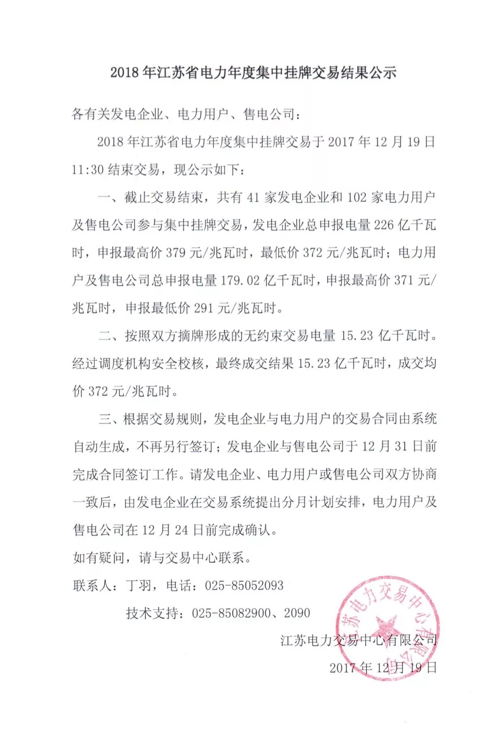 	中国储能网讯：12月19日，江苏电力交易中心发布了2018年年度集中挂牌交易的结果，这次双方摘牌交易形成的无约束交易电量15.23亿千瓦时，校核后最终成交15.23亿千瓦时，成交均价372元/兆瓦时。	在昨天（12月18日）成交了2.18亿千瓦时（戳这里了解昨天交易情况），今天成交了13.05亿千瓦时，这个结果与广东三天的年度摘挂牌交易的情况相异，晶见认为这个情况是由于两省规则设定和交易时序的不同