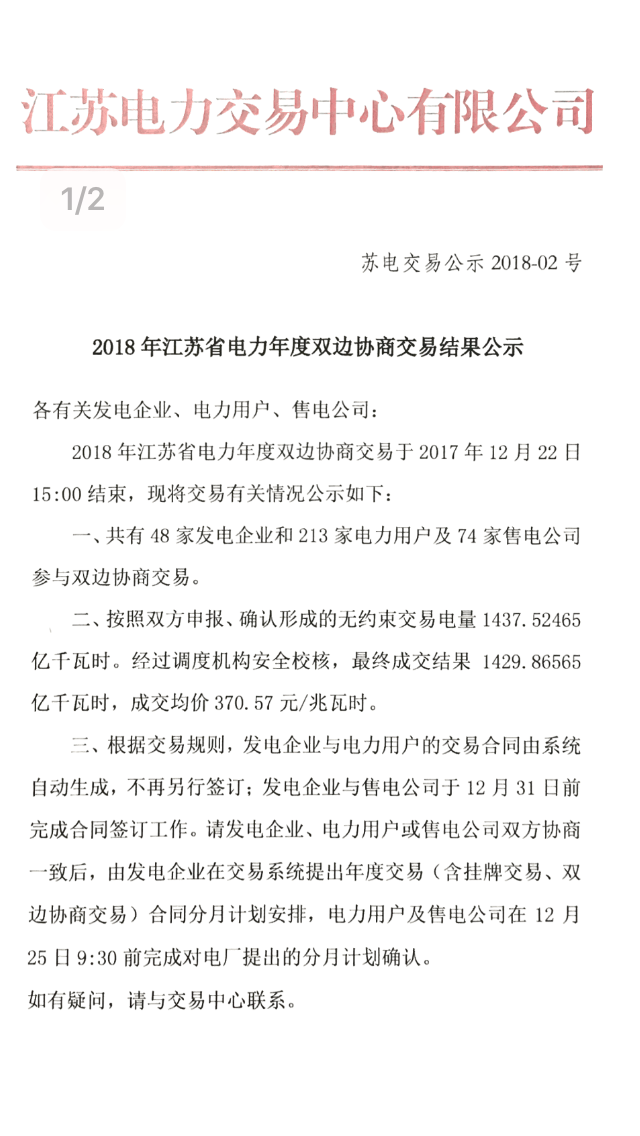 	中国储能网讯：12月22日，江苏年度双边协商交易完成。经过安全校核，年度双边协商交易规模1429.86565亿千瓦时，平均成交价差20.43元/兆瓦时，电厂大约每度电让利2分钱，总共让利29.2122亿元.	此前12月19日年度挂牌交易落幕，最终成交结果15. 23亿千瓦时，成交均价372元/兆瓦时，度电让利1.9分，发电侧总共让利2893.7万元