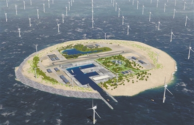             	由TenneT公司构想的“北海风电岛”。在远离海岸的北大西洋北海中央，一个巨大的人工风力发电岛正在安静有序地运作，这里有码头、机场和仓库，有各就各位的工人，人工岛的周围是数百个风力发电机