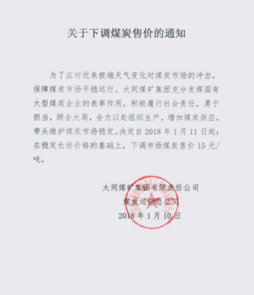 为了应对近来极端天气变化对煤炭市场的冲击,保障煤炭市场平稳运行。大同煤矿集团充分发挥 国有大型煤炭企业的表率作用,积极履行社会责任,决定自2018年1月11日起,在稳定长协价格的基础上,下调市场煤炭售价15元/吨