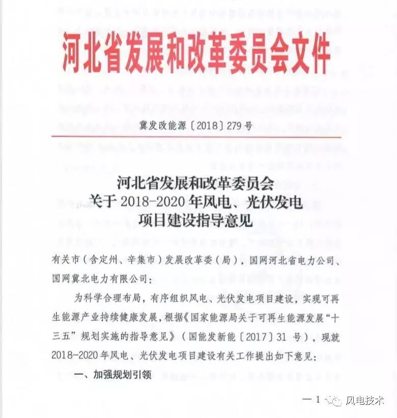  　　近日，河北省發(fā)改委發(fā)布《關(guān)于2018-2020年風(fēng)電、光伏發(fā)電項(xiàng)目建設(shè)指導(dǎo)意見》，將2018-2020年的建設(shè)規(guī)模下發(fā)至各市，(集中式)風(fēng)電規(guī)模共計(jì)842.72萬千瓦，光伏發(fā)電規(guī)模共計(jì)為360萬千瓦。
 
　　《意見》要求把落實(shí)可再生能源電力送出消納作為安排光伏、風(fēng)電建設(shè)的基本前提條件，集中式風(fēng)電和光伏發(fā)電年度新增建設(shè)項(xiàng)目都要以省級電網(wǎng)公司承諾投資建設(shè)電力送出工程和出具的電力系統(tǒng)消納能力意見為前提