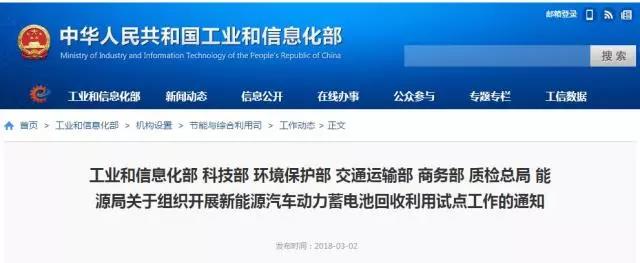 	各省、自治区、直辖市及计划单列市、新疆生产建设兵团工业和信息化、科技、环保、交通、商务、质检、能源主管部门，有关中央企业：	为贯彻落实《新能源汽车动力蓄电池回收利用管理暂行办法》，探索技术经济性强、资源环境友好的多元化废旧动力蓄电池回收利用模式，推动回收利用体系建设，工业和信息化部、科技部、环境保护部、交通运输部、商务部、质检总局、能源局将组织开展新能源汽车动力蓄电池回收利用试点工作。		现将《新能源汽车动力蓄电池回收利用试点实施方案》予以印发
