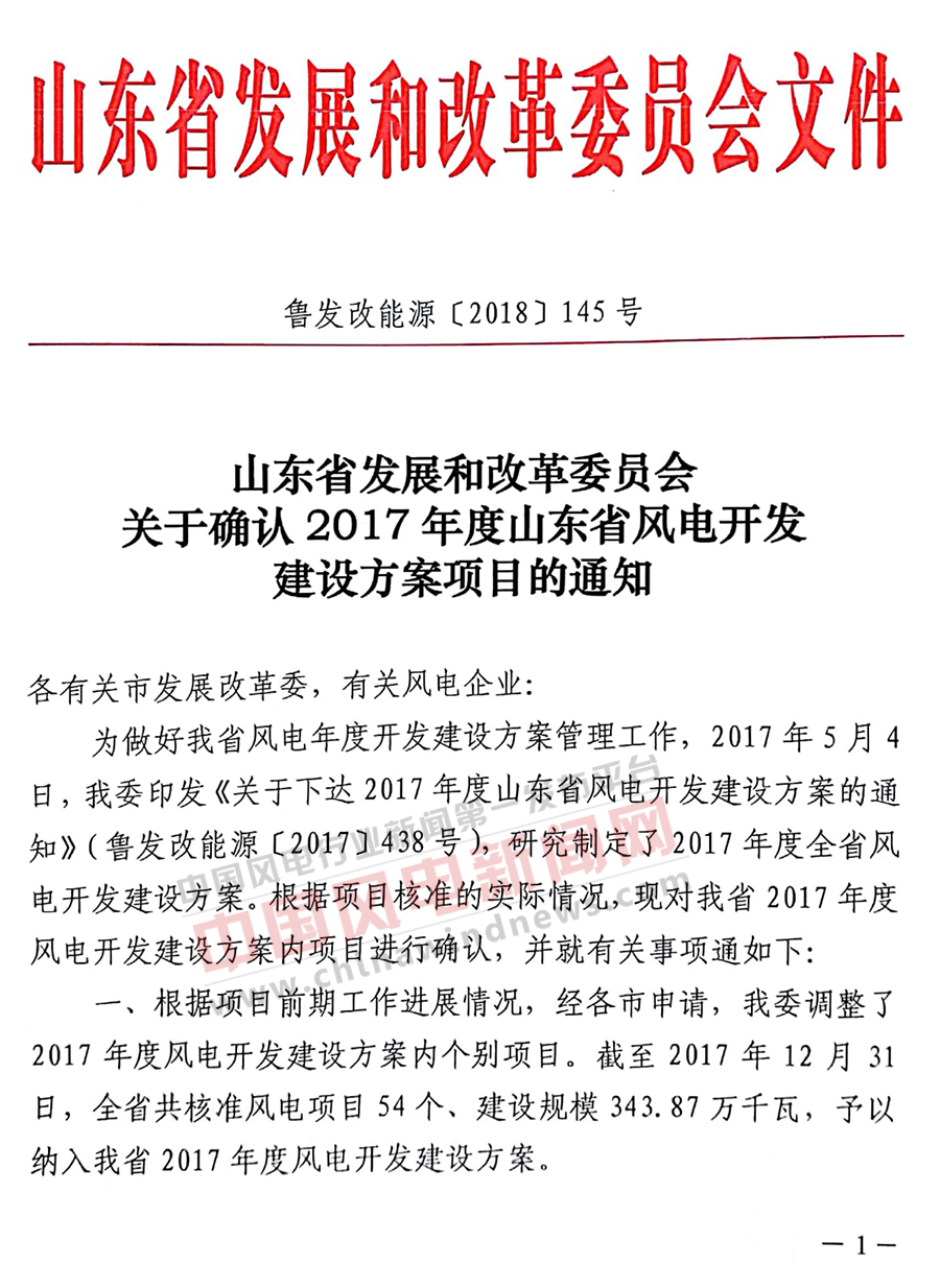                        中国风电新闻网获悉，山东省发改委近日发布关于确认2017年度山东省风电开发建设方案项目的通知，通知指出：截止2017年12月31日，全省共核准风电项目54个，建设规模343.87万千瓦。&nbsp;关于确认2017年度山东省风电开发方案项目的通知关于确认2017年度山东省风电开发方案项目的通知关于确认2017年度山东省风电开发方案项目的通知关于确认2017年度山东省风电开发方案项目的通知                                     