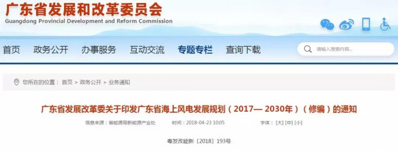 　　1. 6685萬千瓦！《廣東省海上風(fēng)電發(fā)展規(guī)劃(2017—2030年)(修編)》印發(fā)
　　
　　廣東省發(fā)改委發(fā)布《廣東省海上風(fēng)電發(fā)展規(guī)劃（2017— 2030年）（修編）》，《規(guī)劃》明確了廣東省海上風(fēng)電建設(shè)裝機目標(biāo)：到2020年底，開工建設(shè)海上風(fēng)電裝機容量1200萬千瓦以上，其中建成投產(chǎn)200萬千瓦以上。到2030年底，建成投產(chǎn)海上風(fēng)電裝機容量約3000萬千瓦