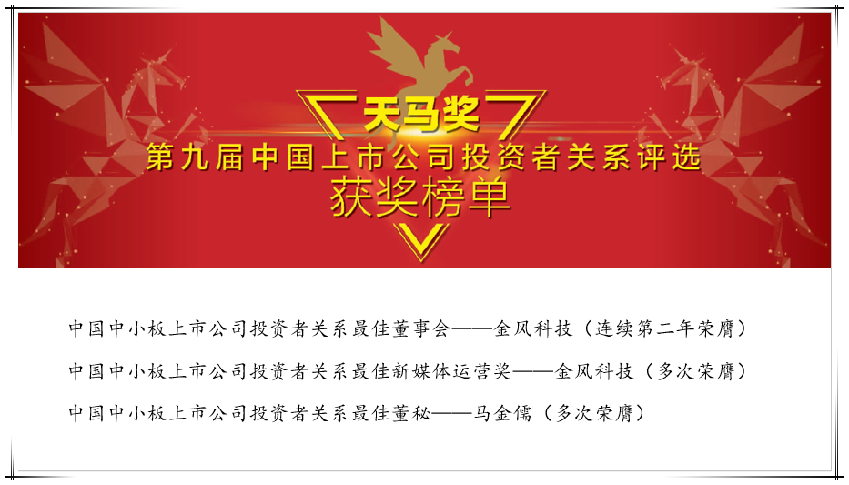                        日前，由證券時(shí)報(bào)社主辦的“天馬獎(jiǎng)?第九屆中國上市公司投資者關(guān)系評(píng)選”獲獎(jiǎng)榜單正式揭曉，新疆金風(fēng)科技股份有限公司（“金風(fēng)科技”；深圳交易所：002202；香港聯(lián)交所：2208）從中國A股3000余家上市公司中脫穎而出，蟬聯(lián)“中小板上市公司投資者關(guān)系最佳董事會(huì)”稱號(hào)，這是公司連續(xù)第二年獲此殊榮，以卓越的公司治理水平、董事會(huì)建設(shè)成果及投資者服務(wù)質(zhì)量受到資本市場(chǎng)的贊譽(yù)。 此次公司成功包攬三項(xiàng)大獎(jiǎng)，除了“最佳董事會(huì)”榮譽(yù)，還獲得“最佳新媒體運(yùn)營獎(jiǎng)”；公司副總裁