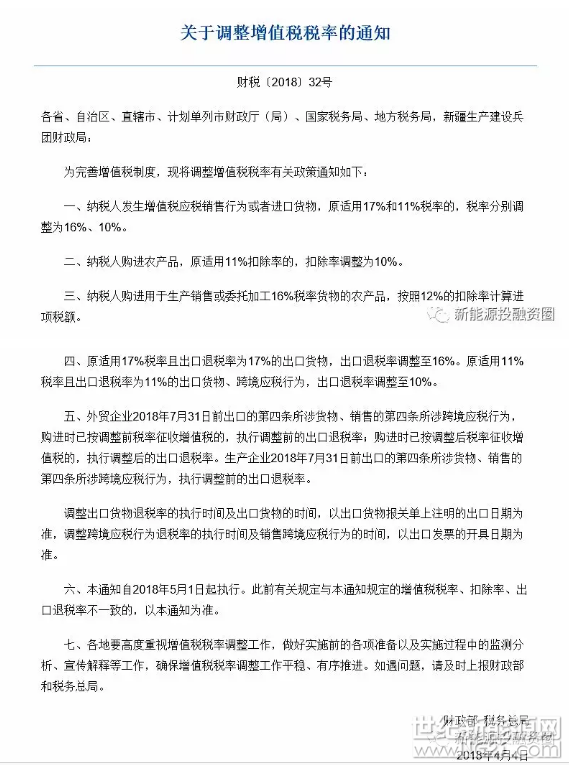 &nbsp;2018年4月4日，财政部税务总局下发《关于调整增值税税率的通知》（财税〔2018〕32号），通知中指出：纳税人发生增值税应税销售行为或者进口货物，原适用17%和11%税率的，税率分别调整为16%、10%，本通知自2018年5月1日起执行。风电、光伏项目主要在设备购置环节和发电售电环节产生增值税，增值税调整后，设备购置环节进项税减少，发电售电环节，不含税售电价格增加，从而使项目整体收益率增加