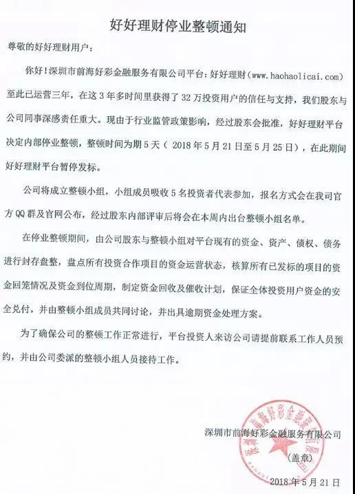 原标题：这是怎么了？又一网贷平台宣布停业整顿！            随着互联网的高速发展，理财平台也如雨后春笋般冒起，而相应的违法违规事例也越来越多，而就在5月21日。又一网贷平台宣布停业整顿!累计成交近20亿元，国资系平台好好理财正式在其官方发布停业整顿公告