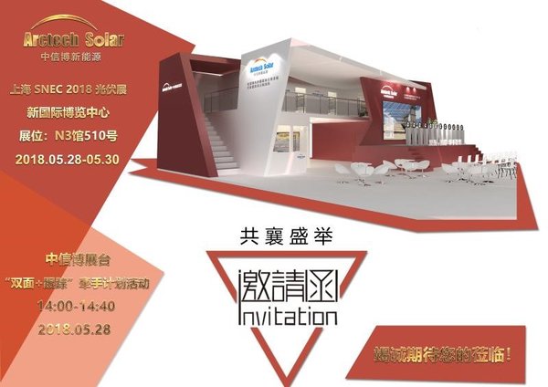 上海2018年5月24日电 /美通社/ -- 全球最具影响力的光伏盛会“第十二届(2018)国际太阳能光伏与智慧能源(上海)展览会”(简称SNEC2018)将于2018年5月28日至5月30日在上海举办。届时,江苏中信博新能源科技股份有限公司(英文Arctech Solar,以下简称“中信博新能源”)携手阿特斯、隆基、中来股份、苏美达、正泰、东方日升、锦州阳光能源、西安太阳能、阳光电源、特变电工、SMA(以上排名不分先后),共十二家一线光伏厂商于5月28日下
