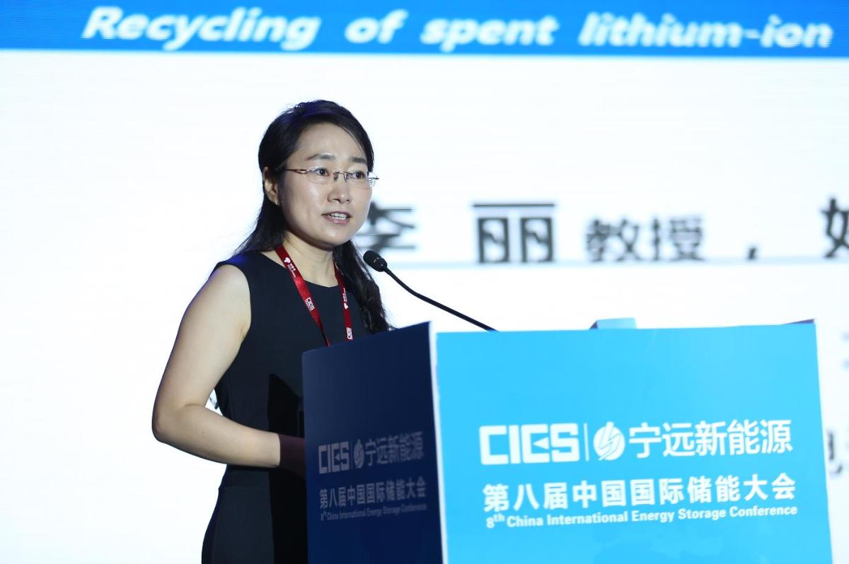 	中国储能网讯：5月19日至21日，“第八届中国国际储能大会”在深圳隆重召开， 来自中国、美国、德国、英国、加拿大、西班牙、日本、韩国、澳大利亚等国和地区1500余位政府机构、科研院所、行业组织、电力公司、新能源项目单位、系统集成商等代表出席本次大会。	北京理工大学教授李丽在储能电池专场，发表了题为“废旧锂离子电池回收处理技术与资源化再生技术进展”的精彩演讲