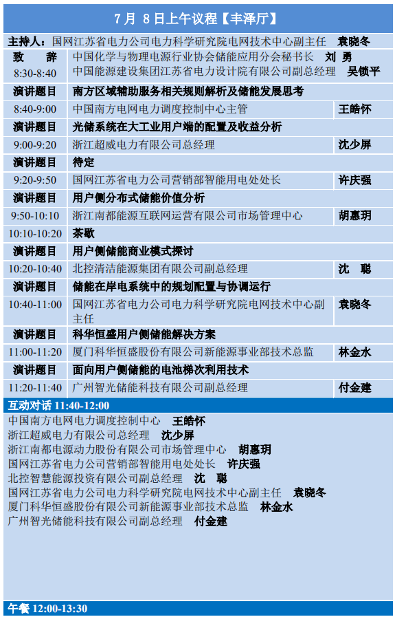 	中国储能网讯：为进一步探讨用户侧储能通过参与提供电力辅助服务、需求响应等多种电力服务，发挥更多储能应用价值，提升项目运行经济性。中国化学与物理电源行业协会储能应用分会决定联合国网江苏省电力有限公司、江苏省电机工程学会、全国微电网与分布式电源并网标准化技术委员会、中国能源建设集团江苏省电力设计院有限公司于2018年7月8—9日在江苏省南京市召开“第二届全国用户侧储能细分市场开发和应用高层研讨会”，具体议程如下：	 	 	 	联合主办单位： 	国网江苏省电力有限公司	江
