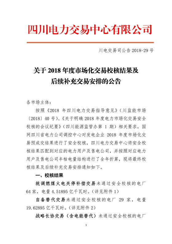 	中国储能网讯：北极星售电网获悉，四川电力交易中心日前发布了《关于2018年度市场化交易校核结果及后续补充交易安排的公告》。	统调燃煤火电关停补偿交易未通过安全校核的电厂64家，电量4.51895亿千瓦时