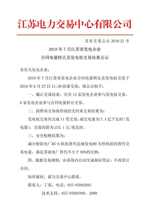 	中国储能网讯：北极星售电网获悉，江苏电力交易中心日前发布了《2018年7月江苏省发电企业合同电量转让及发电权交易结果公示》，发电权交易共完成11笔交易,成交电量为7.4亿千瓦时(发电量)。交易均价为233.1元/兆瓦时