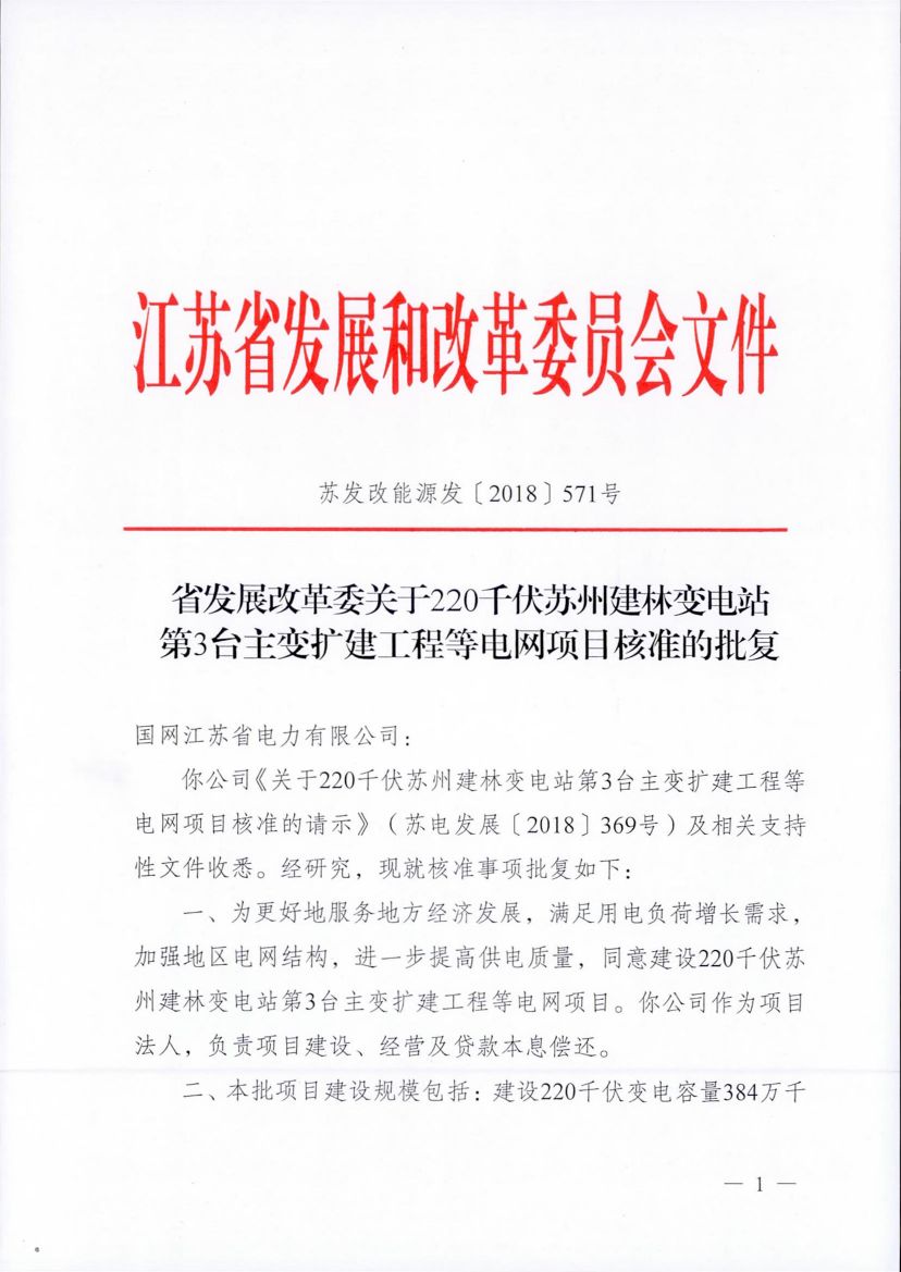 江苏省发展改革委关于220千伏苏州建林变电站第3台主变扩建工程等电网项目核准的批复,建设220千伏变电容量384万千伏安;扩建220千伏间隔30个;新建及改造220千伏线路616.42公里。