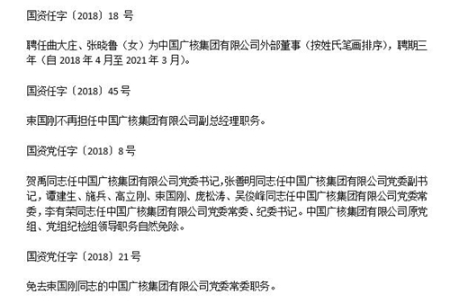 原标题：央企领导人大变动 涉及环保行业的都是谁？            日前，国资委公开了22家央企，约48位领导人员职务变动讯息，包括中国广核集团有限公司、中国保利集团有限公司、中国汽车技术研究中心有限公司、中国化工集团有限公司等等。 那么，哪些与环保有关呢？ 中国广核集团有限公司  中广核这家公司，是国务院国资委监管的大型清洁能源企业，立足以核电为主的战略定位，有着非凡的贡献力