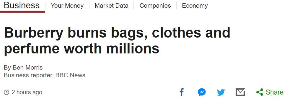 原标题：一把火烧毁价值2.5亿元奢侈品！Burberry宁可分文不取也不愿卖给…            文章获授权转载：BiuBiu在英国（ID：BiuBiuApp） 近日，据多家英国主流媒体报道：   在过去1年内，英国高端时尚品牌Burberry总共烧毁了超过2800万英镑（折合人民币约2.5亿元）卖不出去的奢侈品。   是的，Burberry宁愿分文不取地烧毁产品，也不愿低价出售库存
