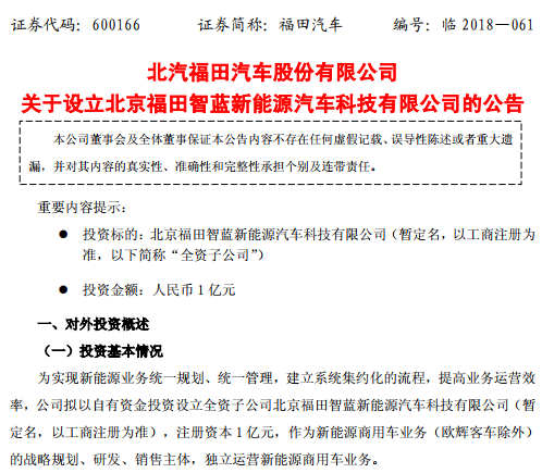 　　8月8日福田汽车发布公告，公司将投1亿元设立全资子公司北京福田智蓝新能源汽车科技有限公司，作为新能源商用车业务(欧辉客车除外)的战略规划、研发、销售主体，独立运营新能源商用车业务。　　公告显示本次设立的全资子公司，作为新能源商用车业务(欧辉客车除外)的战略规划、研发、销售主体，实现新能源商用车品牌和产品统一规划，有助于提高新能源商用车运营效率，未来吸引多元化的资金投入，改善公司盈利水平