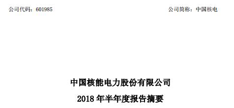 　　中国核能电力股份有限公司（中国核电）发布2018 年半年度报告：报告期内，公司营业收入179.26亿元，净利润25.79亿元。 截至 2018 年 6 月 30 日，在运核电机组 18 台，较 2017 年底新增 1 台机组（江苏核电 3 号机组）