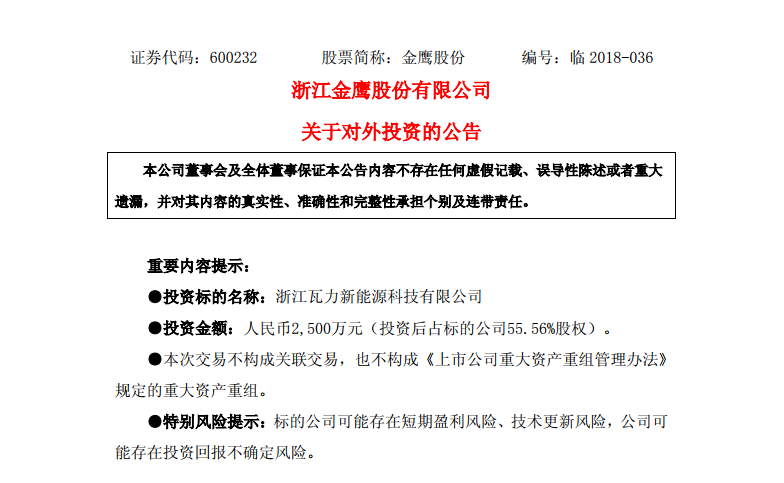 　　8月27日晚间，金鹰股份发布公告称，公司与浙江瓦力新能源科技有限公司(以下简称瓦力科技)及其全体股东，经友好协商，签署了《关于浙江瓦力新能源科技有限公司之投资协议》，协议约定公司投资2500万元对瓦力科技增资，增资后瓦力科技注册资本由人民币3000万元增加至人民币4500万元，公司占瓦力科技55.56%的股权。　　金鹰股份表示，瓦力科技具有多名留美博士、优秀工程师和资深企业家组成的高水平管理和研发团队，是国家“863”计划项目实施单位，主要产品为锂离子电池正极材料，与公司动力电池三元正极材料形成互补，