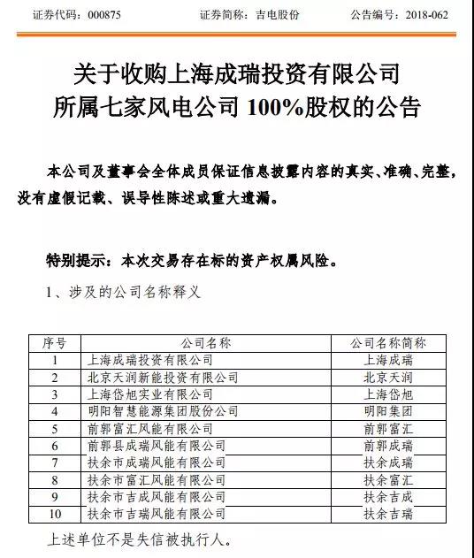 　　日前，吉电股份发布公告称，根据新能源发展战略，吉电股份拟以现金74,300万元人民币收购上海成瑞七家风电公司100%股权及其衍生权益。从而加快公司电源结构调整，实现新能源跨区域规模化的发展，提升上市公司盈利能力和抗风险能力