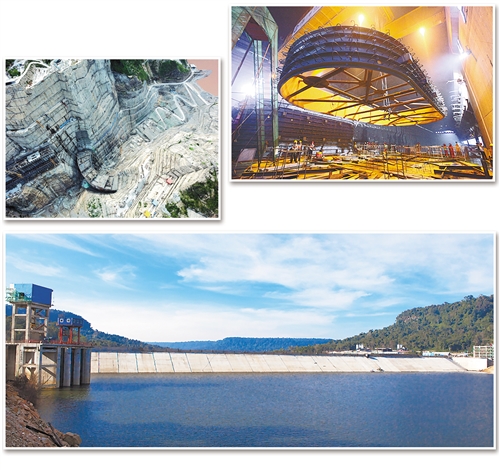 左上:乌东德水电站大坝工程施工现场。施进军摄 右上:白鹤滩水电站右岸地下电站肘管吊装现场