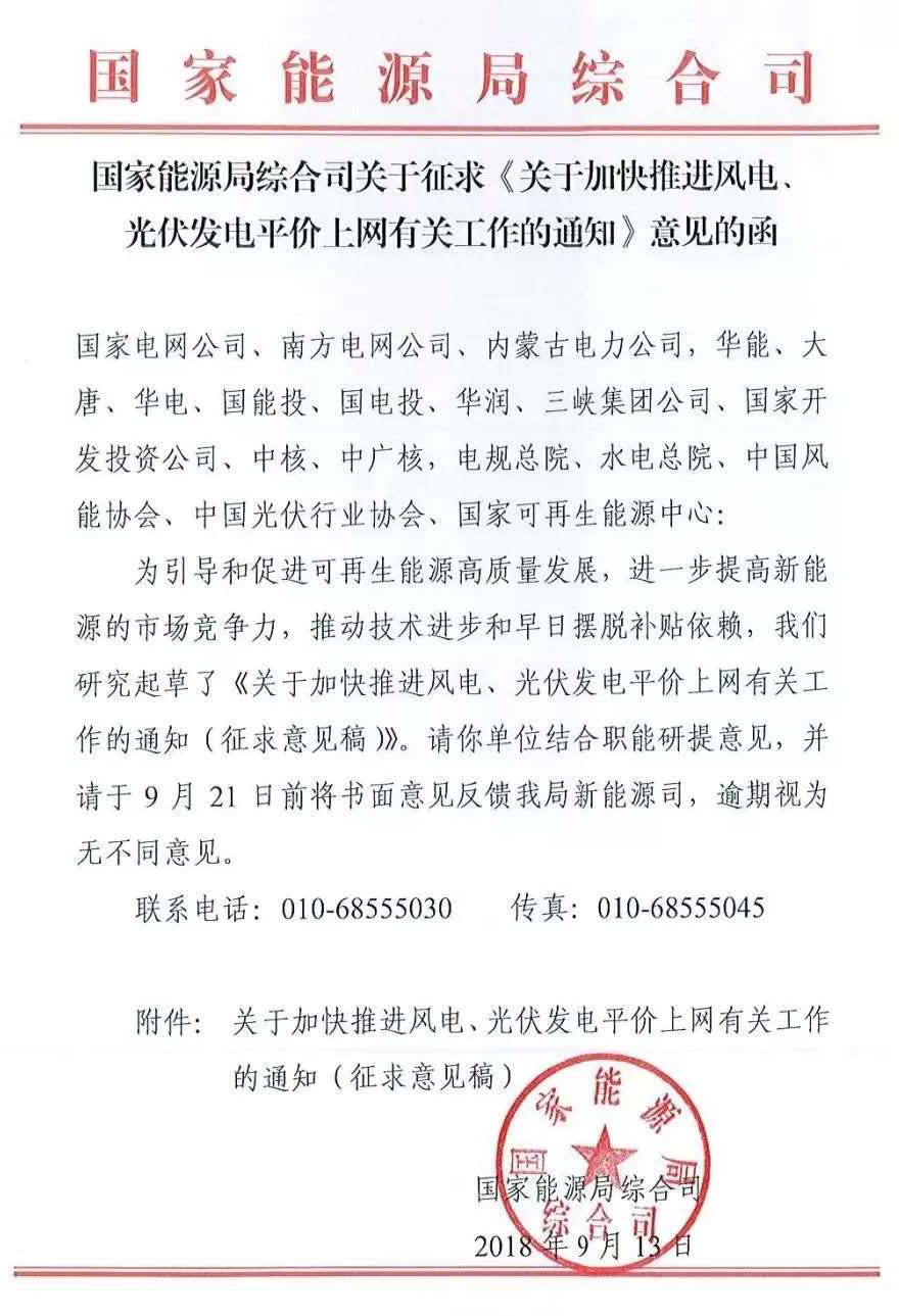                        9月13日，国家能源局下发了《关于加快推进风电、光伏发电平价上网有关工作的通知（征求意见稿）》（以下简称“通知”）。&nbsp;通知指出，风电、光伏发电监测预警或评价为红色地区除已安排建设的平价上网示范项目外，不再专门安排新的平价上网项目；橙色地区鼓励选取资源条件较好的已核准（备案）项目开展平价上网工作；绿色地区在落实消纳条件的基础上自行开展平价上网项目建设
