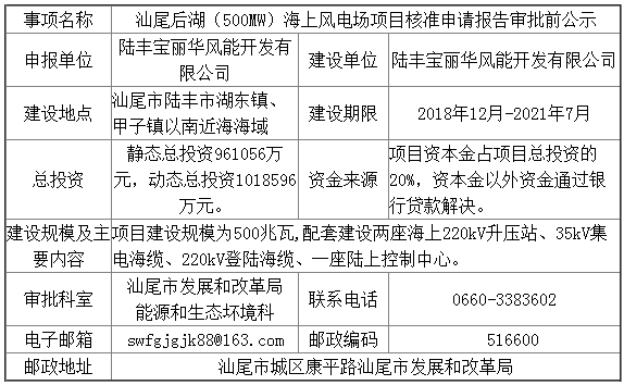                        汕尾后湖（500MW）海上风电场项目核准申请报告审批前公示                                        
