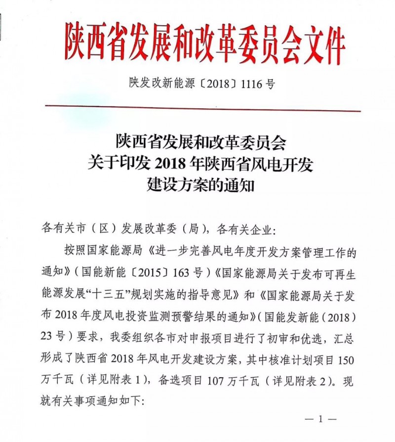 　　近日，陜西發(fā)改委關(guān)于印發(fā)《2018年陜西省風(fēng)電開發(fā)建設(shè)方案的通知》《通知》顯示，核準(zhǔn)了29個150萬kW的風(fēng)電項(xiàng)目目錄，并要求在今年年底前開工，否則指標(biāo)作廢。
　　為了防止部分項(xiàng)目在年底前無法開工導(dǎo)致指標(biāo)浪費(fèi)，另外核準(zhǔn)了21個107萬kW的備選項(xiàng)目