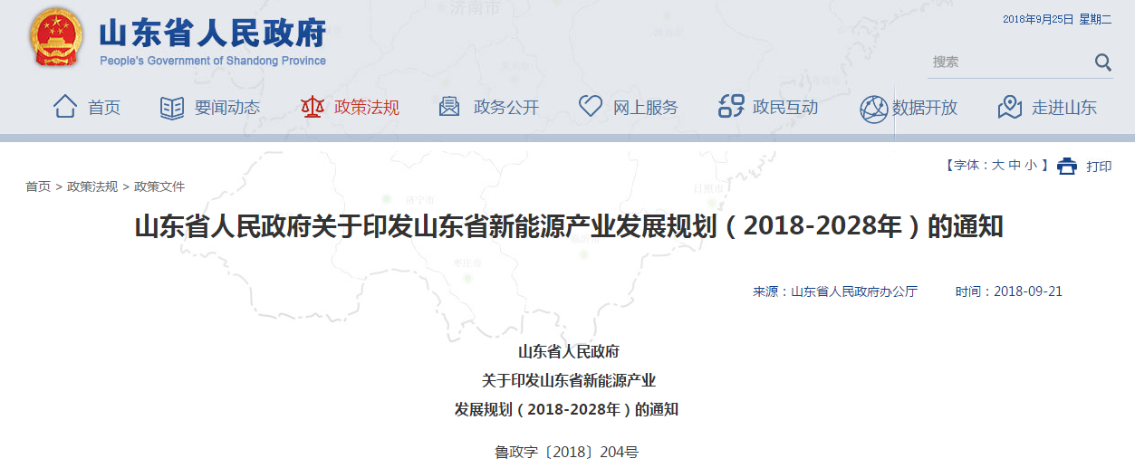                        &nbsp;9月17日，山东省人民政府印发《新能源产业发展规划（2018-2028年）》，要求各地各部门认真组织实施。规划提出：&nbsp;规划目标：到2022年，全省新能源产业总产值力争达到7000亿元，产业增加值力争达到2400亿元