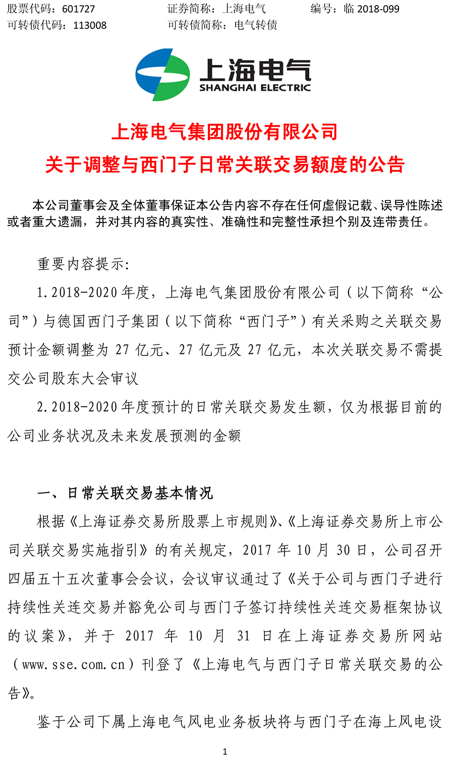                        近日，上海电气发布《关于调整与西门子日常关联交易额度的公告》，公告称，鉴于公司下属上海电气风电业务板块将与西门子在海上风电设备业务领域开展深入合作，根据公司目前最新的业务发展情况及未来发展规划，预计2018-2020年度公司与西门子关于采购设备、零部件及相关服务的关联交易金额将上调至人民币27亿元、27亿元及27亿元。&nbsp;                                            