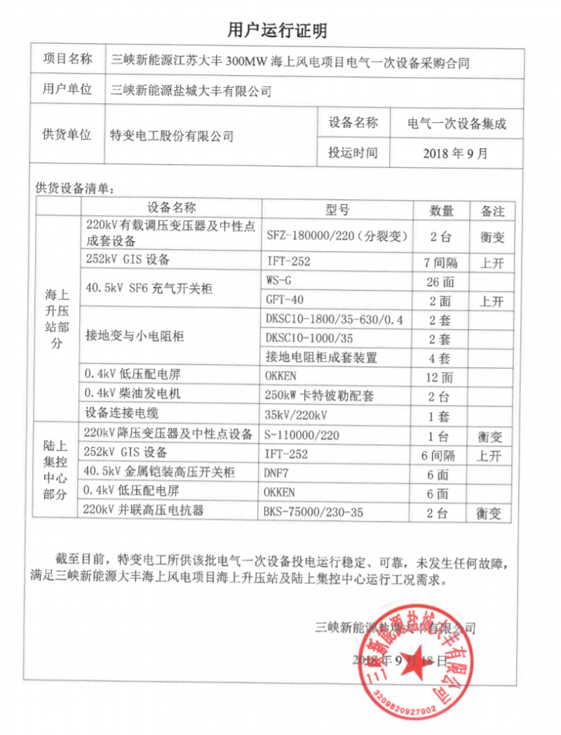 　　9月13日，300MW海上風(fēng)電項目220kV海上升壓站及陸上集控中心正式帶電投運，它是由特變電工股份有限公司供貨，特變電工衡陽變壓器有限公司（以下簡稱“衡變公司”）及特變電工中發(fā)上海高壓開關(guān)有限公司（以下簡稱“上開公司”）聯(lián)合制造，集中供貨一次電氣設(shè)備的我國首座具有完全知識產(chǎn)權(quán)的海上升壓站。該項目的成功帶電投運標(biāo)志著我國一舉打破了海上風(fēng)電領(lǐng)域長期被國外合資廠商壟斷的局面，首次實現(xiàn)了電氣一次國產(chǎn)設(shè)備投運