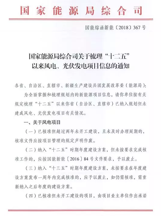                        2018年9月19日，国家能源局综合司发布关于梳理“十二五”以来风电、光伏发电项目信息的通知。&nbsp;通知要求：对不满足要求的风电项目应及时予以废止，已核准未开工项目业主需承诺开工建设的时间节点；光伏、风电项目需明确是否需要申请国家可再生能源补贴