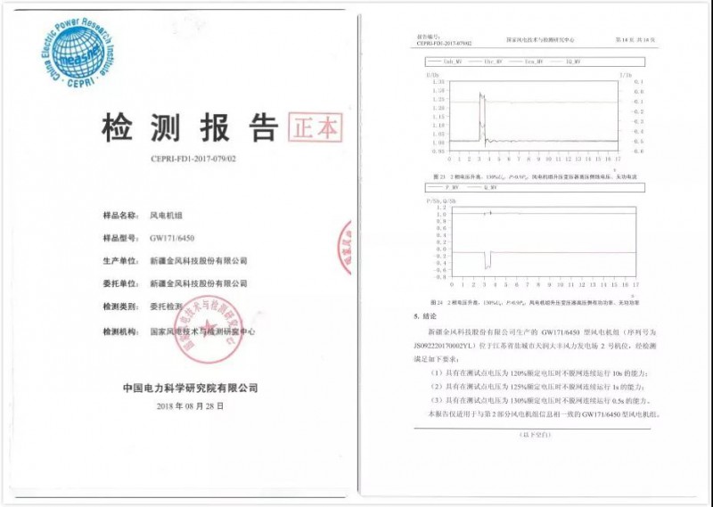                        　　2018年8月，新疆金风科技股份有限公司（下称“金风科技”）自主研发的海上6S产品平台，成功获得由“国家风电技术与检测研究中心”颁发的“风电机组高电压穿越能力”检测报告，是目前为止通过此项认证的国内容量最大的海上风电机组。充分证实了金风科技6S平台优越的电网适应性，接入系统的性能更稳定