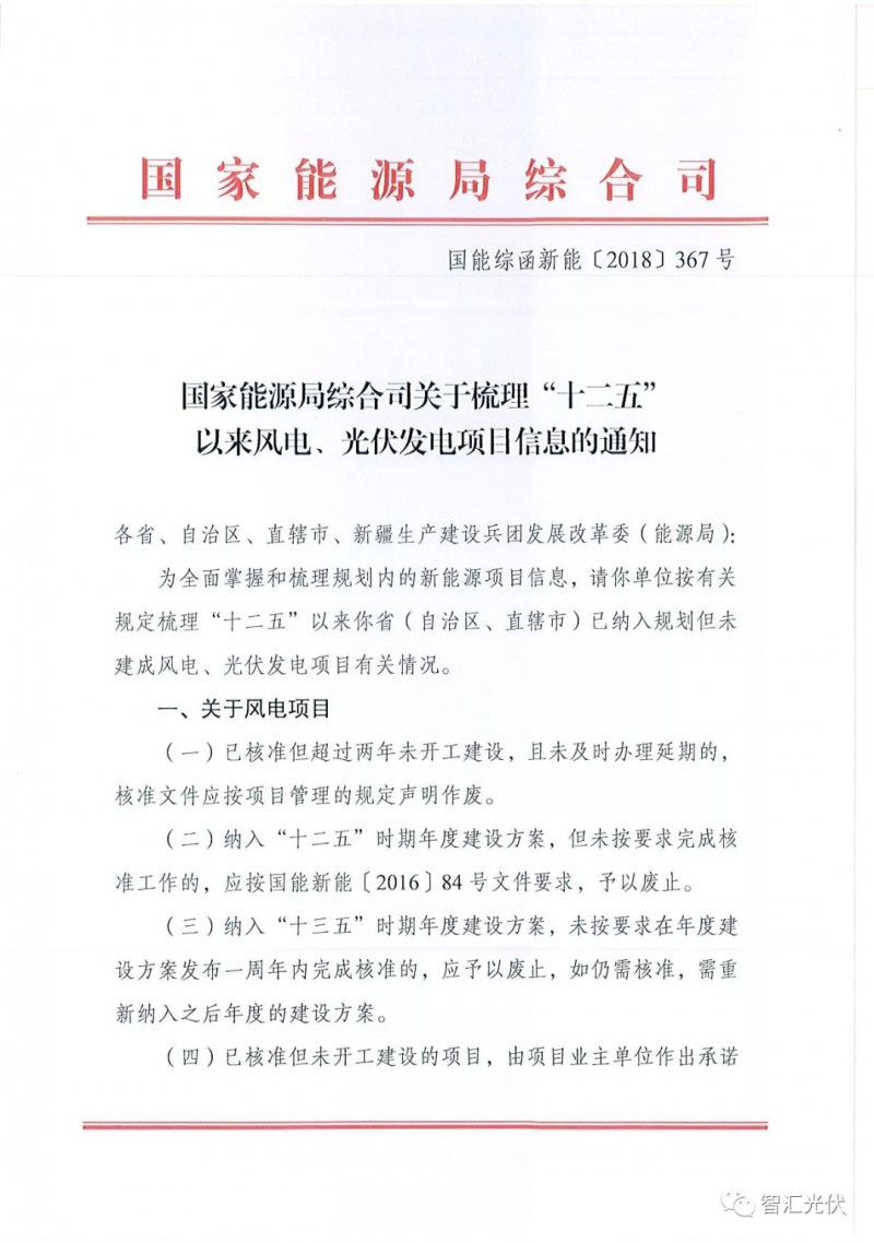 原标题：国家能源局综合司关于梳理“十二五”以来风电、光伏发电项目信息的通知            国家能源局综合司关于梳理“十二五”以来风电、光伏发电项目信息的通知    智汇光伏返回搜狐，查看更多      责任编辑：