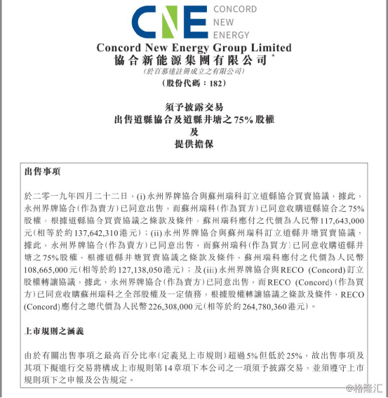 4月22日，协合新能源集团（0182.HK）发布公告称其间接全资附属公司永州界牌协合与RECO(Concord)及苏州瑞科订立买卖协议。