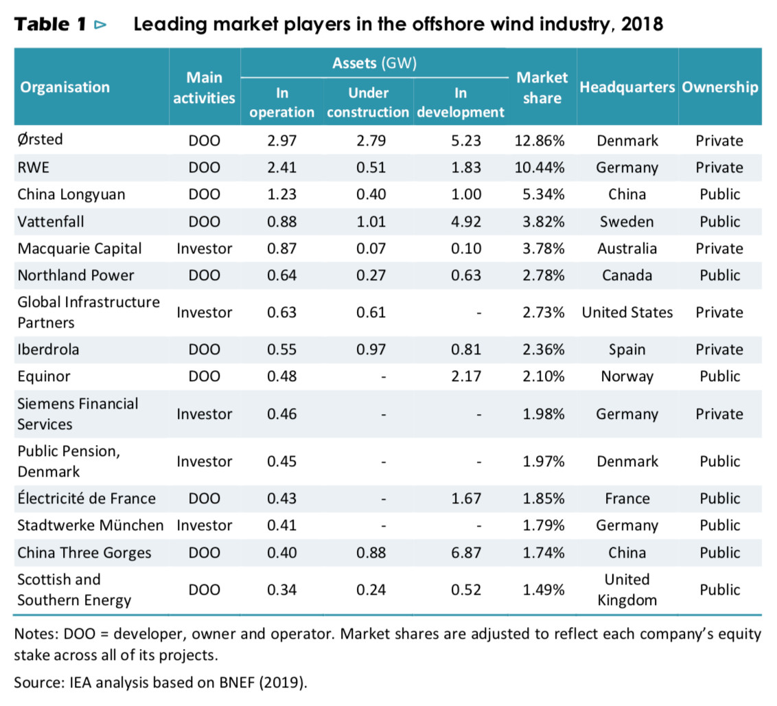 根据国际能源署（IEA）发布2019年海上风电展望报告，2018年在海上风电装机领先的10个开发商是：